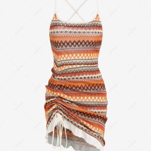 Women's Ethnic Style Geometric Pattern Cinched Ruched Side Lace Up Open Back Ruffles Hem Mini Dress