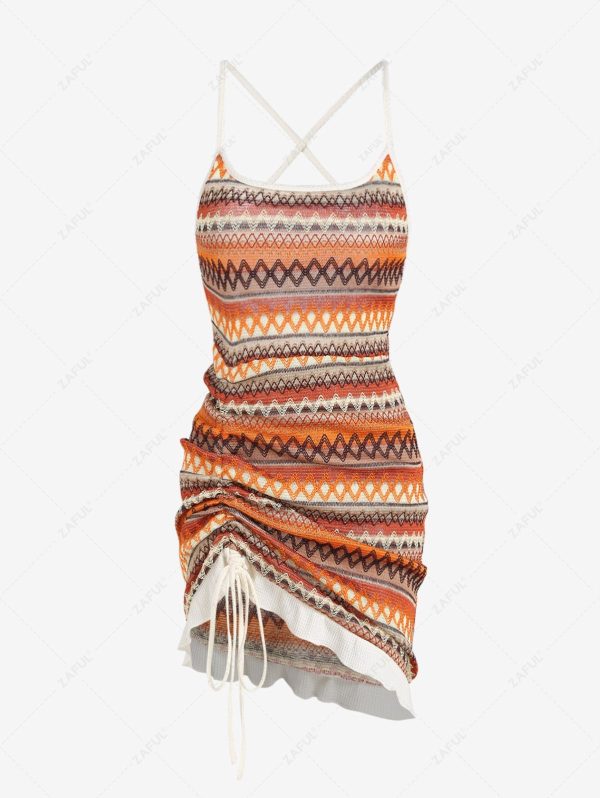 Women's Ethnic Style Geometric Pattern Cinched Ruched Side Lace Up Open Back Ruffles Hem Mini Dress